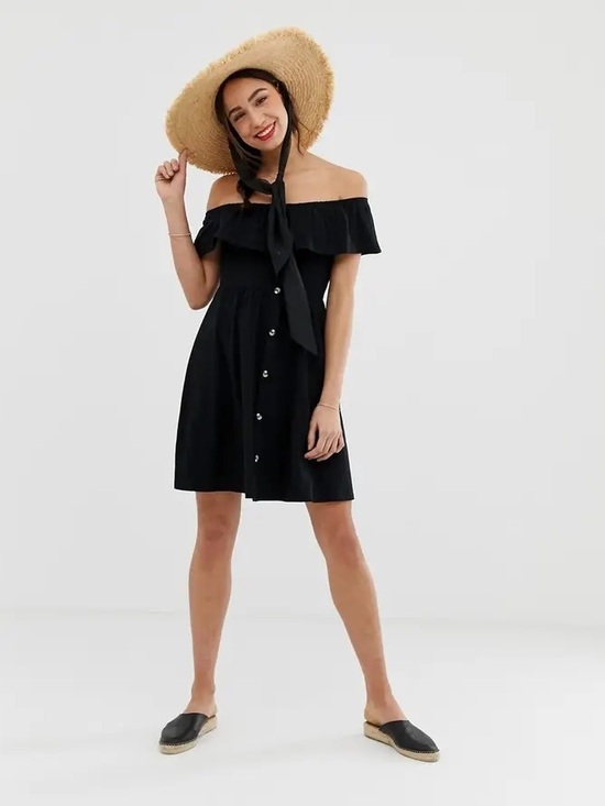ASOS Dresses & Skirts - NWOT ASOS Black Off Shoulder Ruffle Button Front Mini Dress Size 4